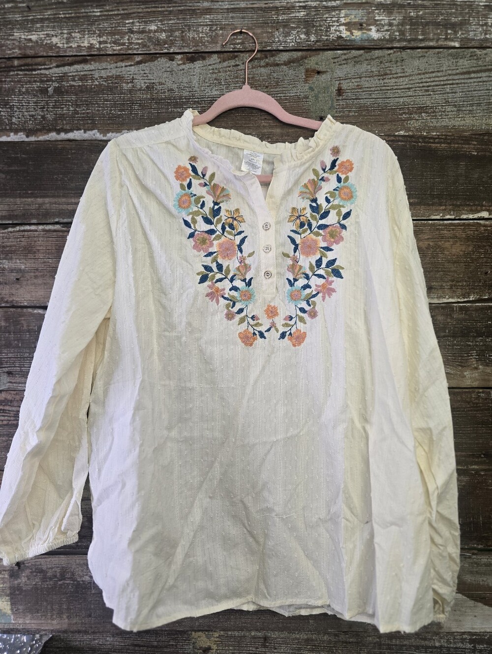 Cracker Barrel XXL Ivory Floral Embroidered Cotton Boho Top, NWT